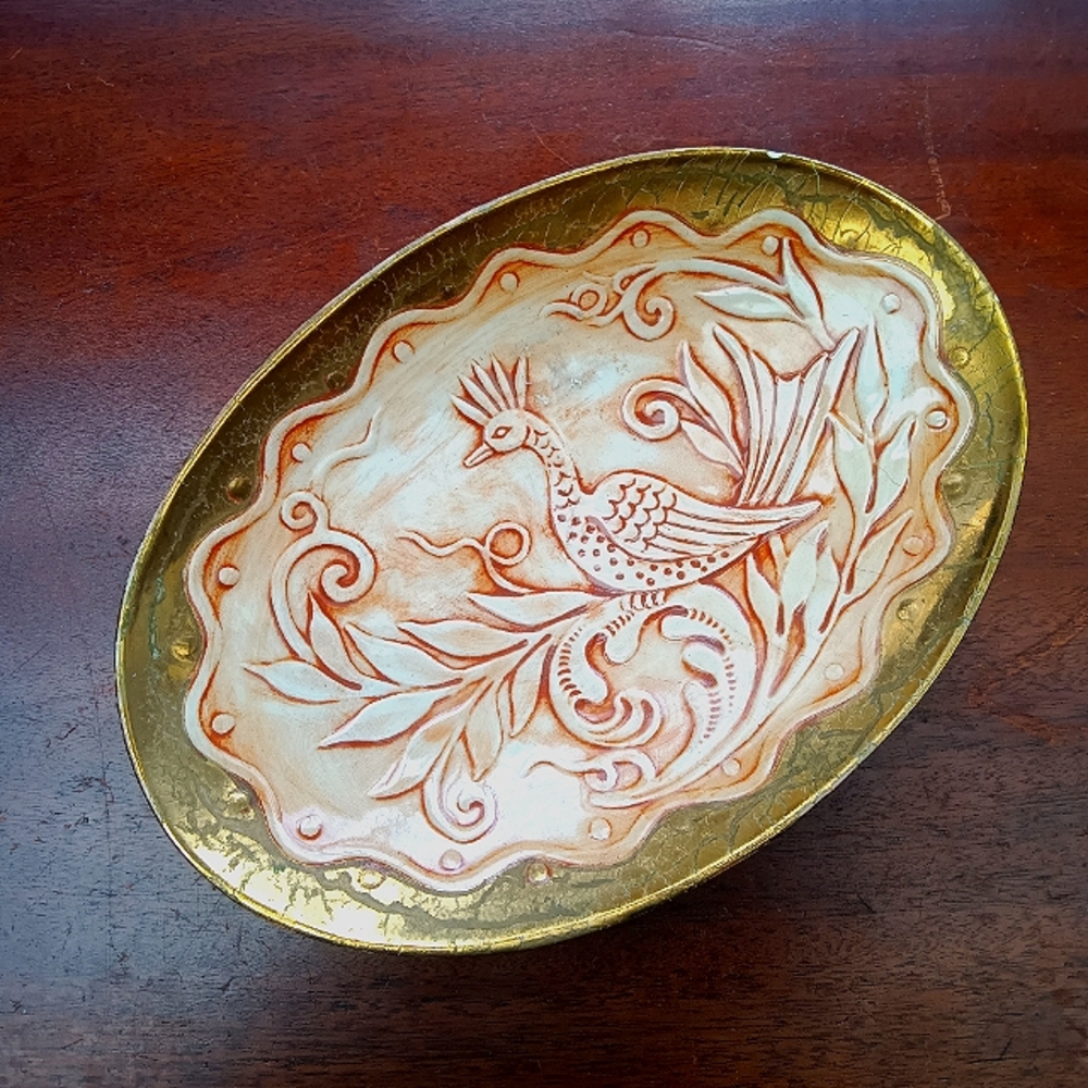 Etched Bird w Floral Design Hand Made Mixed Media Bowl